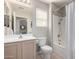 Bathroom with a bathtub and shower combination, single sink vanity, and tile flooring at 6634 S Pinnacle Ct, Chandler, AZ 85249