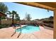 Backyard pool with attached rock waterfall with surrounding mature landscaping and palm trees at 819 W Harbor Dr, Gilbert, AZ 85233