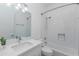 Bright bathroom with a white subway tiled shower and a white vanity with stone countertops at 9850 E Mcdowell Mountain Ranch Rd # 1006, Scottsdale, AZ 85260