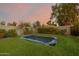 A backyard featuring a built-in trampoline surrounded by green turf and a block wall at 1265 E La Fortuna Ct, San Tan Valley, AZ 85140