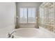 Close-up of a luxurious soaking tub with stylish fixtures and a glass block window for natural light at 16532 W Rowel Rd, Surprise, AZ 85387