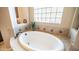 Close-up of a luxurious soaking tub surrounded by decorative tile, creating a serene and spa-like experience at 2224 N 83Rd Cir, Mesa, AZ 85207