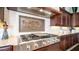 Modern kitchen featuring a stainless steel range, custom hood, and decorative backsplash at 2224 N 83Rd Cir, Mesa, AZ 85207