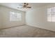 Large bedroom featuring two windows, ceiling fan, and neutral carpet at 3894 E Palmer St, Gilbert, AZ 85298