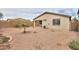 View of backyard with gravel landscaping, small palm tree, block wall, and covered patio at 44125 W Cydnee Dr, Maricopa, AZ 85138