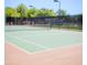 Well-maintained tennis court with a net, surrounded by a fence and lush trees, perfect for sports enthusiasts at 44125 W Cydnee Dr, Maricopa, AZ 85138