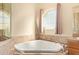 Bathroom showcasing a soaking tub with travertine tile surround set next to a bright window at 6924 S 219Th Dr, Buckeye, AZ 85326