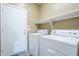 Functional laundry room with modern washer and dryer, plus ample shelving at 14837 W Crocus Dr, Surprise, AZ 85379