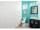 Bathroom with vibrant blue wall, modern sink, and toilet at 17203 E Starflower Ct, Queen Creek, AZ 85142