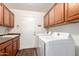 Well-organized laundry room with built-in cabinets, sink, and modern washer and dryer for convenient laundry tasks at 17203 E Starflower Ct, Queen Creek, AZ 85142