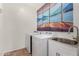 Laundry room features a modern washer and dryer, sink and cabinet space, and a picturesque wall mural at 22624 S 224Th Pl, Queen Creek, AZ 85142