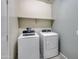 Functional laundry room with modern washer, dryer, and storage shelf at 29219 W Clarendon Ave, Buckeye, AZ 85396