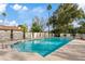 Stunning pool showcasing a pristine, cool blue expanse with a convenient grab rail and surrounded by a well manicured yard at 5819 E Ludlow Dr, Scottsdale, AZ 85254