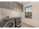 Laundry room with gray cabinets and front loading washer and dryer at 717 E Deer Creek Rd, Phoenix, AZ 85048