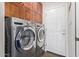 Bright laundry room with a modern washer and dryer, built-in cabinets and door leading outside at 1453 E Butler Cir, Chandler, AZ 85225