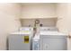 Convenient laundry room equipped with a washer, dryer, and built in shelving at 2512 N Central Dr, Chandler, AZ 85224