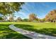 Community green features a paved walking path winding through lush grass and mature trees, perfect for leisurely strolls at 1312 N Joplin Cir, Mesa, AZ 85207
