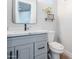 Powder room featuring a modern toilet, grey vanity, and marble countertop at 2040 W Gail Rd, Queen Creek, AZ 85142