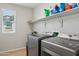 Well-equipped laundry room with modern appliances, shelving for supplies, and natural light at 29243 N 122Nd Ln, Peoria, AZ 85383