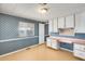 Retro kitchen features white cabinets, pink countertops and blue patterned wallpaper at 8600 E Broadway Rd # 28, Mesa, AZ 85208