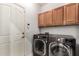 Laundry room features a full sized washer and dryer with storage cabinetry above at 15620 W Meadowbrook W Ave, Goodyear, AZ 85395