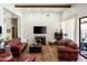 Bright and airy living room featuring hardwood floors, exposed beam ceilings, and comfortable leather furniture at 28404 N 67Th St, Cave Creek, AZ 85331