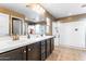 Primary bathroom featuring double sinks, dark cabinets, and a walk-in shower at 3322 E Lantana Pl, Chandler, AZ 85286