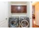 Laundry room with modern front-load washer and dryer and ample cabinet space at 3581 W Mineral Butte Dr, San Tan Valley, AZ 85144