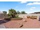 A beautifully landscaped backyard featuring desert landscaping, palm trees, and flower boxes at 4068 N 155Th Ln, Goodyear, AZ 85395