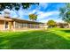 A lush backyard featuring green grass, a screened-in patio, and mature trees at 10103 W Saddle Ridge Dr, Sun City, AZ 85373