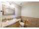 Bathroom featuring tile backsplash, sink and vanity, with a toilet and vintage mirror at 1249 W Seascape Dr, Gilbert, AZ 85233