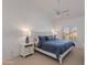 Bedroom featuring ceiling fan, shutters, and queen bed with blue bedding at 1331 E Voltaire Ave, Phoenix, AZ 85022