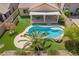 Overhead view of a backyard with artificial turf, sparkling pool, covered patio, and desert plants at 346 E Red Mesa Trl, San Tan Valley, AZ 85143