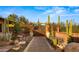 Inviting courtyard entrance with rustic gate, brick accents, stone path, and vibrant desert plants at 5480 E Desert Creek Ln, Cave Creek, AZ 85331