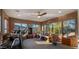 Well-lit exercise room features brick walls, multiple windows with mountain views, ceiling fan and carpet flooring at 5480 E Desert Creek Ln, Cave Creek, AZ 85331