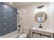 Bathroom featuring a patterned accent wall, modern vanity, and sleek fixtures at 660 E 1St Ave, Mesa, AZ 85204