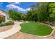 Lush backyard showcasing mature trees, a curved walkway, and a well-manicured lawn, perfect for outdoor enjoyment at 1152 W Sunrise Pl, Chandler, AZ 85248