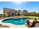 Backyard view with a beautiful sparkling blue pool, lush green grass and outdoor seating area at 8304 E Inca St, Mesa, AZ 85207