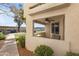 View of outdoor seating area shows neutral colors, exterior storage, and landscaping at 145 N 74Th St # 121, Mesa, AZ 85207