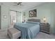 Comfortable bedroom featuring a ceiling fan, accent lighting, and access to an ensuite bathroom at 18026 W Carmen Dr, Surprise, AZ 85388