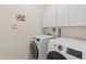 Well-lit laundry room features bright white cabinetry and modern washer and dryer at 18026 W Carmen Dr, Surprise, AZ 85388