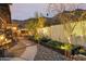 Landscaped backyard featuring desert plants, outdoor lighting, stone pathways, and a stucco wall at 1844 E Cinnabar Ave, Phoenix, AZ 85020