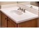 Bathroom vanity with light wood cabinets, white countertop, faucet, and mirror at 22813 N Del Monte Dr, Sun City West, AZ 85375