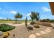 Well-manicured front yard with desert landscaping, mature trees, and stone walkway at 15751 W Linksview Dr, Surprise, AZ 85374