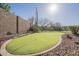 Lush green backyard putting green with desert landscaping and block wall at 4243 S Hackberry Trl, Gold Canyon, AZ 85118