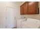 Functional laundry room with white washer and dryer, cabinets, and convenient access to a utility sink at 5721 W Molly Ln, Phoenix, AZ 85083