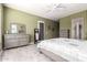 Main bedroom with stylish furniture, gray walls, light-colored flooring, and neutral patterned bedding at 5721 W Molly Ln, Phoenix, AZ 85083