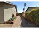 Side yard with brick pavers, garden beds, and mature hedges at 6522 S Farmer Ave, Tempe, AZ 85283