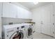 Bright laundry room featuring modern LG washer and dryer units, white cabinetry, and tile flooring at 7745 E Calle De Las Brisas --, Scottsdale, AZ 85255