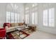 Bright living room with high ceilings, arched windows with white shutters, and comfortable seating at 7745 E Calle De Las Brisas --, Scottsdale, AZ 85255